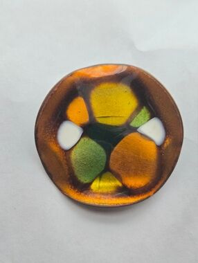 Vintage Mid Century Round Enamel on Copper Brooch Amber, Green, Yellow Abstract